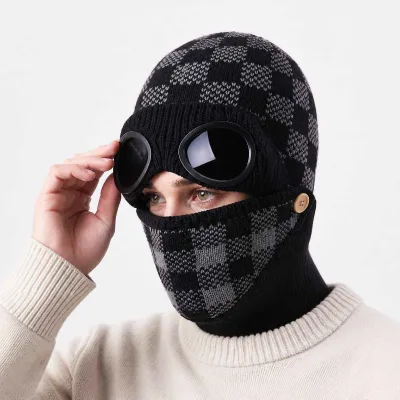 Winter New Plaid Design Glasses Mask Knitted Hat Double-Layer Plush Warmth Thickened Warm Hats Women Korean Knitted Hat Ski Mask