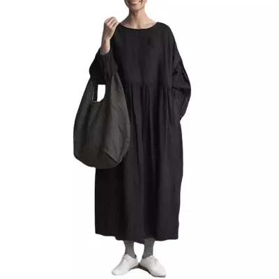 Spring New Plus Size Women's Clothing Loose-Fit Round Neck Long Sleeve Solid Color Cotton Linen Splicing Dress