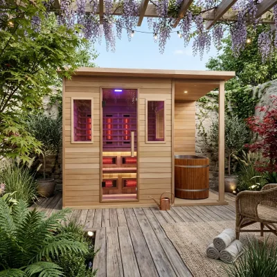 Modern Solid Wood Outdoor Infrared Sauna and Ice Bath Room with Deck