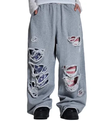 Men's 100% Cotton Elastic Waist Heavyweight Flag Patchwork Distressed Wide Leg Sweatpants Baggy Streetwear Track Pants