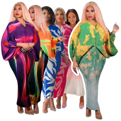 European American Trendy Women's Fashion Corduroy Batwing Sleeve V-neck Pleated Print High Waist Plus Size Free Size African