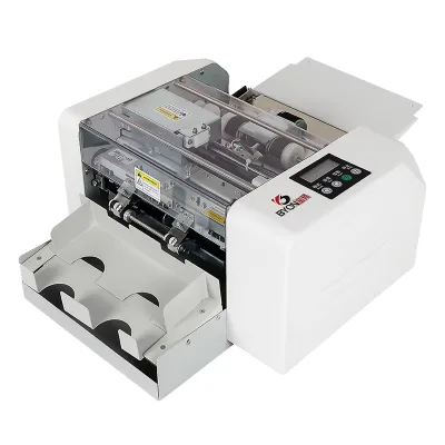 QK-A4-F Automatic Card Cutter for Name Cards & Badges with Friction Feed System and Lift-Cover Safety Stop.