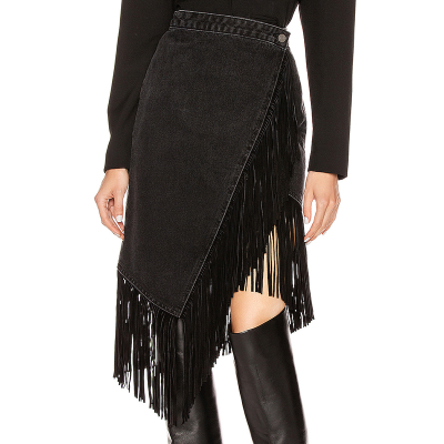 Suede Fringe Asymmetrical Hem Black Denim Cotton Fringe Wrap Skirt