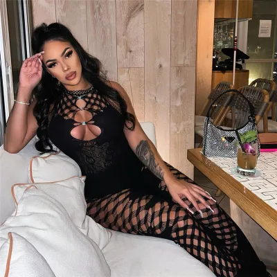 Music Festival Solid Color Sexy Sleeveless Mesh Hollow Bodycon Body Suit Jumpsuits