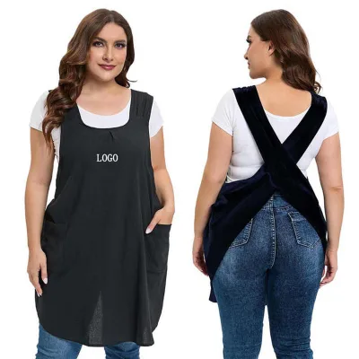 Factory Price Embroidered LOGO Cross Back Garden Bandage Dress Japanese Organic Cotton Linen Plain Apron