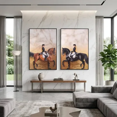Modern Equestrian Elegance Realist Horse and Rider Canvas Wall Art Framed Print for Luxury Living Room Hotel Club Decor