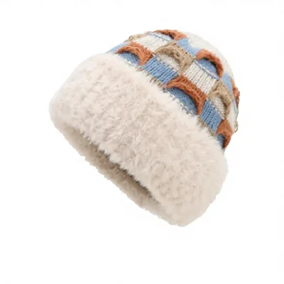 Women Knitted Beanie Plush Lined Color Block Geometric Faux Fur Yarn Winter Hat for Daily Travel Outdoor