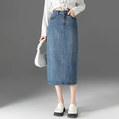 High Waisted Denim Skirt for Women Midi New Spring Style Retro A-Line Flattering Split-Hem Bodycon Skirt
