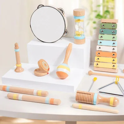 Wholesale Wooden Educational Drum and Handbell Set Eco-friendly Portable Safe Toys for Toddlers 1-3 Early Learning Montessori
