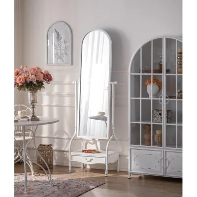Arched Full Length Mirror Nordic White Metal Frame Full Body Standing Floor Mirror Free Stand Mirror with Drawers