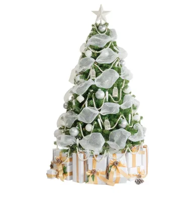 White Gold Christmas Tree with Pearl Garland and Ribbon Bows,Artificial Elegant Tree with Star Topper for Holiday Home Decor