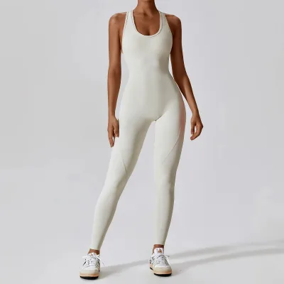 Custom Logo Nylon Beautiful Back U Neck Tight Racer Design Compressed Yoga Workout Gym Fitness Sports Jumpsuit