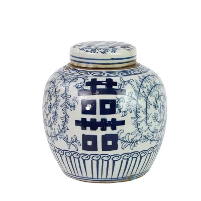 RZFZ06-C  Blue and White Happiness Letter Pattern Small Ceramic Lidded Tea Jars