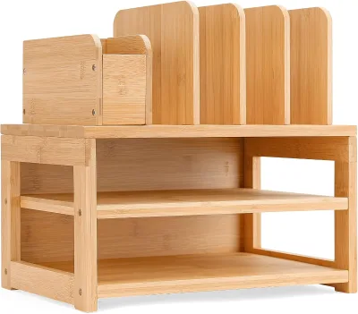 Natural Bamboo 2-Tier Desktop File Organizer With 4 Vertical Magazine File Holders Multi Layer Tabletop Document Storage Rack