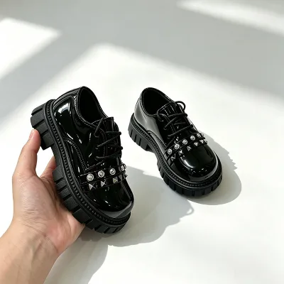 Kids Boy  Lace-up Campus Shoes Glossy Patent Leather Thick-soled Casual  Sneakers