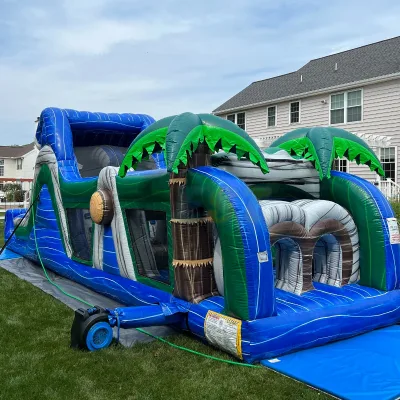 Commercial PVC Blue Wave Obstacle Course Combo Inflatable Bouncer Fun Run Challenge Obstacle Dry or Water Slide With Blower