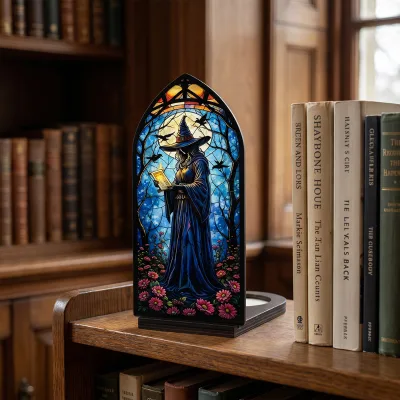 Library Decorative Acrylic Carved Book Nook Stained Bookshelf Decor Stand Arch Light-Through Figurine Bookend with Candle Holder