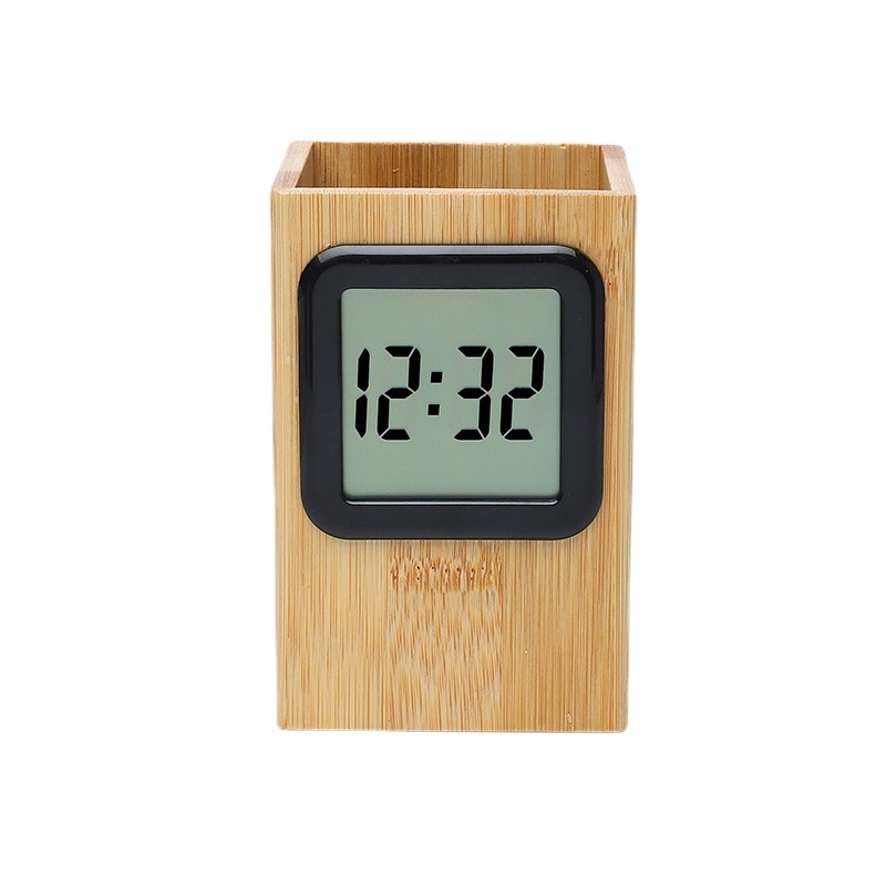 Led Alarm Clock Digital Wooden Bamboo Modern Clock Organizador De Escritorio Table Pen Holder With Digital Clock