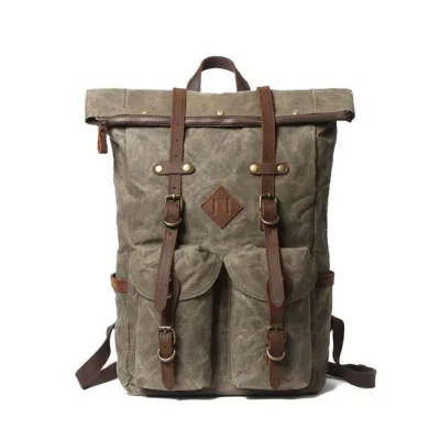 Vintage Style Soft Genuine Leather Rucksack for Boys Waxed Canvas Waterproof with Zipper Closure Multi-Function Fashion Design