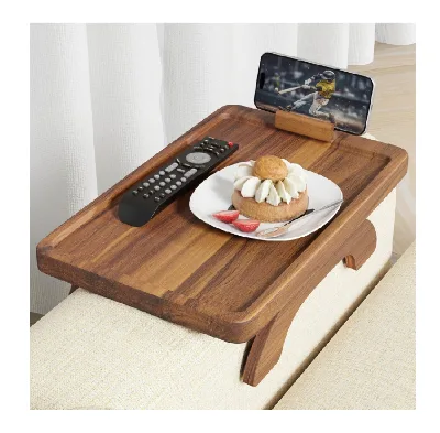 Sofa Armrest Tray Acacia Wood Couch Arm Clip on Tray Table with 360° Rotating Phone Holder Fits Most Couch Arm Sizes Non-Slip