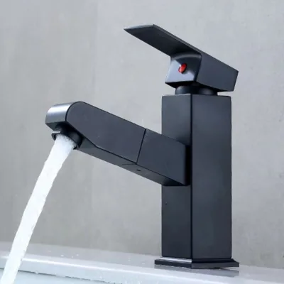 Traditional Stainless Steel Matte Black Bathroom Lavatory Vessel Sink Faucet Ceramic Valve Single Handle Deck Mounted Pull Spray