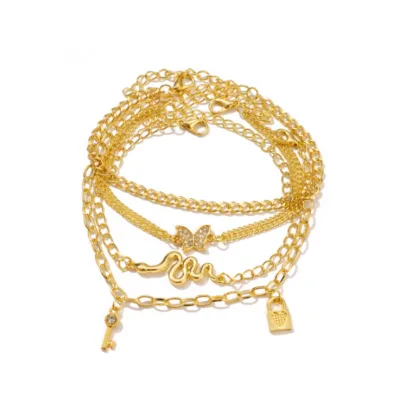 Vintage Multi-element Snake Full Drill Butterfly Lock-buckle Pendant Combination Anklet