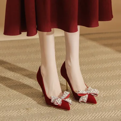 Red  Women's Bridal Shoes woman velvet New High-end  Wedding Diamond bow shoes