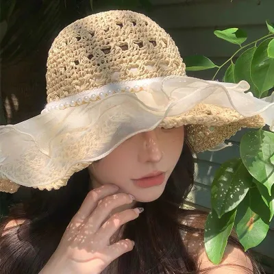 Beach hat ins lace up hat women's travel sun protection beach sun hat lace sun hat