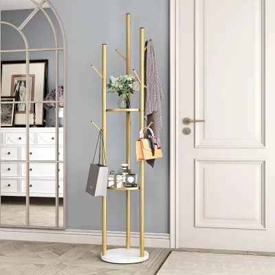 Stand Metal Coat Racks Tree Hanger Freestanding with 3 Storage Shelves and 9 High-grade Hooks and Stable Marble Base