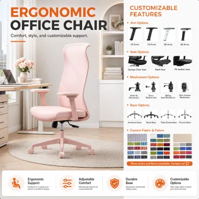 Adjustable Arm Pink Mesh Office Chair Mesh Back Home Office Modern