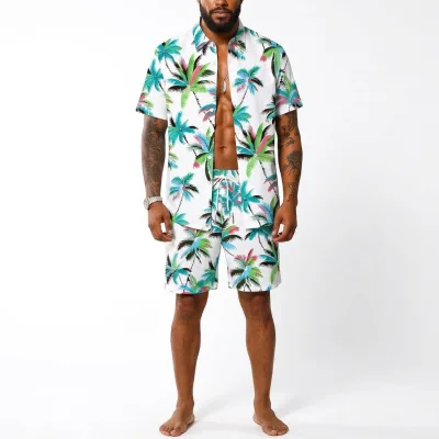 OEM Custom Tropical Print 2 Piece Outfits Men's Cuban Collar Button Down Shorts Sets Coconut Tree Summer Beach Rave Tracksuit