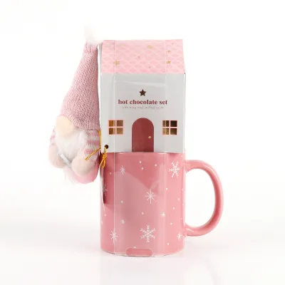 Wholesale Christmas Day Snow Design Ceramic Tea Cup and Plush Sets Pink Stoneware Dinnerware for Present Mugs