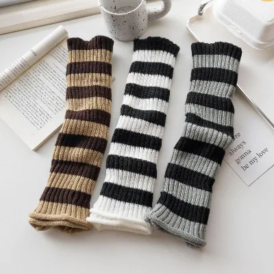 2025 Korean Fashion Chic Autumn Winter Socks College Style Ribbed Striped Knitting Black White Grey Khaki Boot Socks Leg Warmers