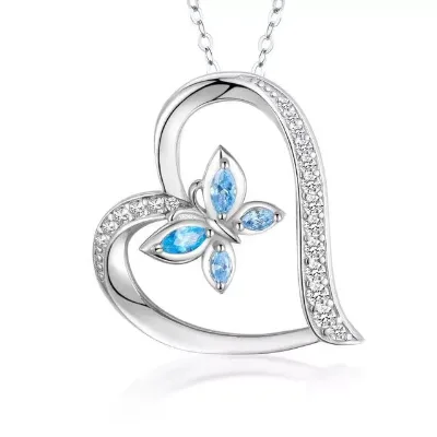 925 Sterling Silver Light Blue Butterfly Heart Pendant Necklace CZ Jewelry Gift for Mother's Day