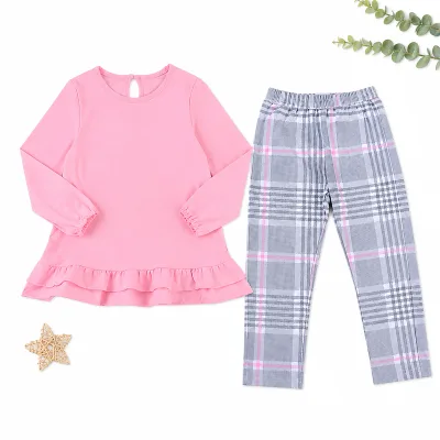 2026 New Arrival Soft Cotton Girl Set Pink Ruffle Long Sleeve Top Plaid Elastic Waist Pants 1-7Y Home Loungewear Wholesale
