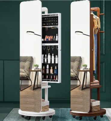 Solid Wood Integrated Storage Dressing Floor Mirror with Makeup Cabinet and Hanger Rotating Feature