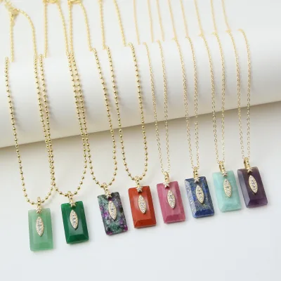 Rectangle Natural Stone Pendant Necklace Vintage Multicolor Gemstone Almond Marquise Motif Gold Chain Daily Jewelry