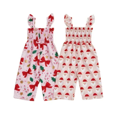 Summer Full-Length Jumpsuits for Girls Christmas-themed Sleeveless Square Collar Rompers Bow Snowflake Print Knitted Overalls