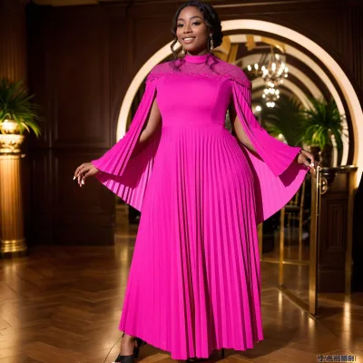 Full Sleeves Elegant Ladies Office Dresses Women Formal Work Summer Dress Lantern Sleeve Hollowed Out Pleated Dress