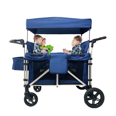 Convertible 4-Seater Baby Wagon with Adjustable Canopy and 5-Point Harnesses Foldable Double Push Bar for Camping