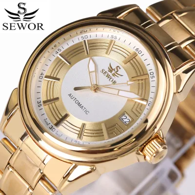SEWOR Men's Top Luxury Fashion Gold Skeleton Stainless Steel Business Watch Automatic Mechanical Water Resistant Sport