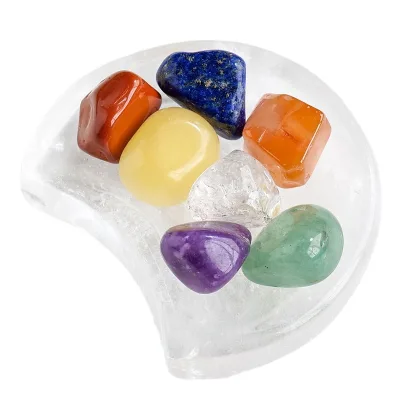 Wholesale Natural Quartz Carving Healing Stones Seven Chakra Set clear Quartz Moon Bowl