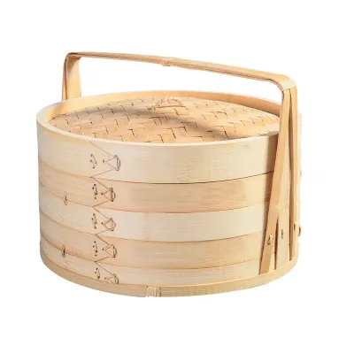 Eco-friendly Traditional Bamboo Steamer with Handle Carry Basket Handmade 4L Capacity 2 Layers Pot Cover for JiaoZi Dumplings