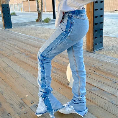 Women's Stacked Jeans 2024 Custom Reversed High Waisted Bell Bottom Pantalones Ladies Female Denim Jeans Women