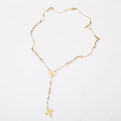 Stainless Steel Gold Beaded Cross Necklace Virgin Mary Catholic Religious Gold Chains Plated Necklaces Rosary Jewelry