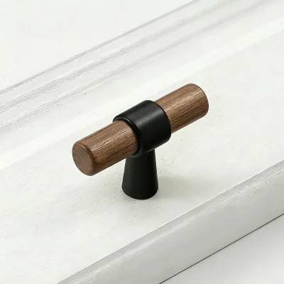 Modern Nordic Walnut Black Furniture Handles for Bedroom Use T-Bar Pulls for Cabinets Drawers Wardrobes