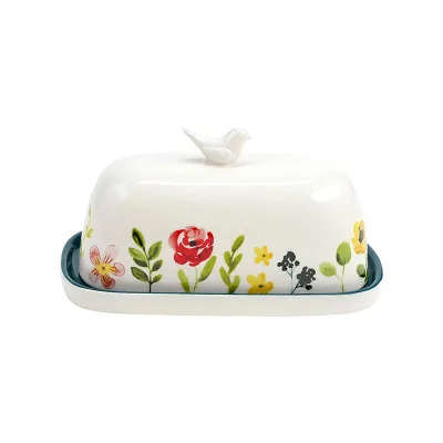Bird on Lid Decorative Flower Pattern Ceramic Butter Dish with Lid