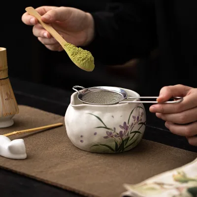 Harmony Handpainted Orchid Ceramic Matcha Chawan Spout Design Matcha Mixing Bowl Traditional Chinese Style Tea Ceremony Utensils