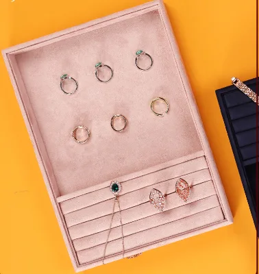 Jinsky Wholesale Soft Velvet Ring Presentation Tray Dark Blue Service Tray pink Ring Tray for Jewelry Counter Shop