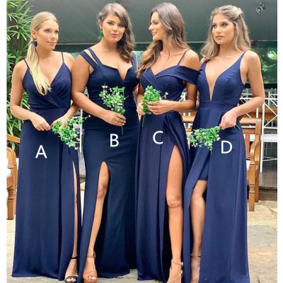 Thin Straps High Slit Bridesmaid Gowns Cheap Mismatched Mermaid Navy Blue Bridesmaid Dresses